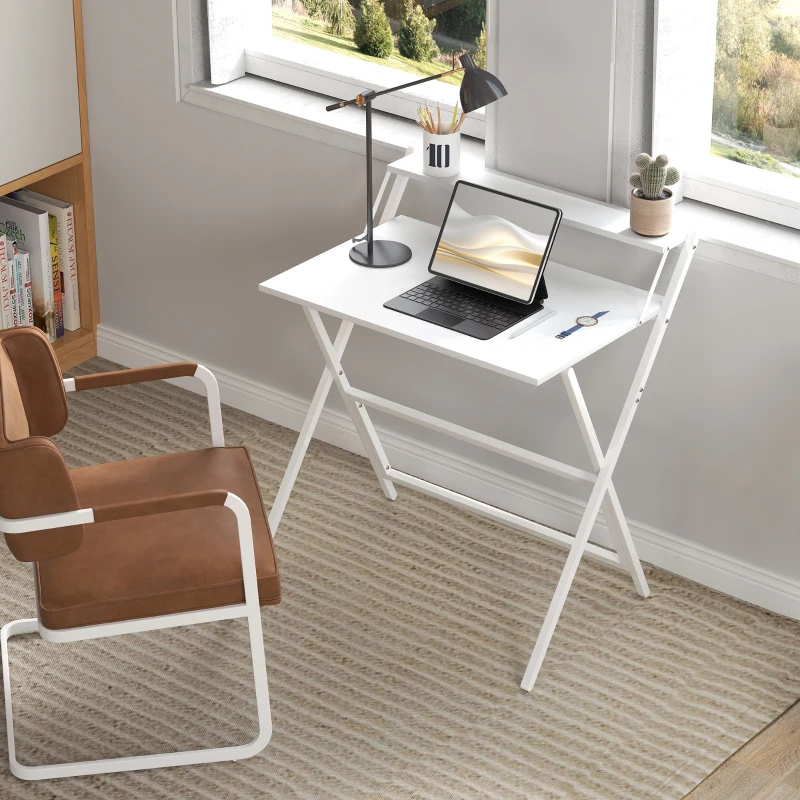 HOMCOM Scrivania Pieghevole con Ripiano per Monitor, 81.5x62x86.5 cm, Bianco