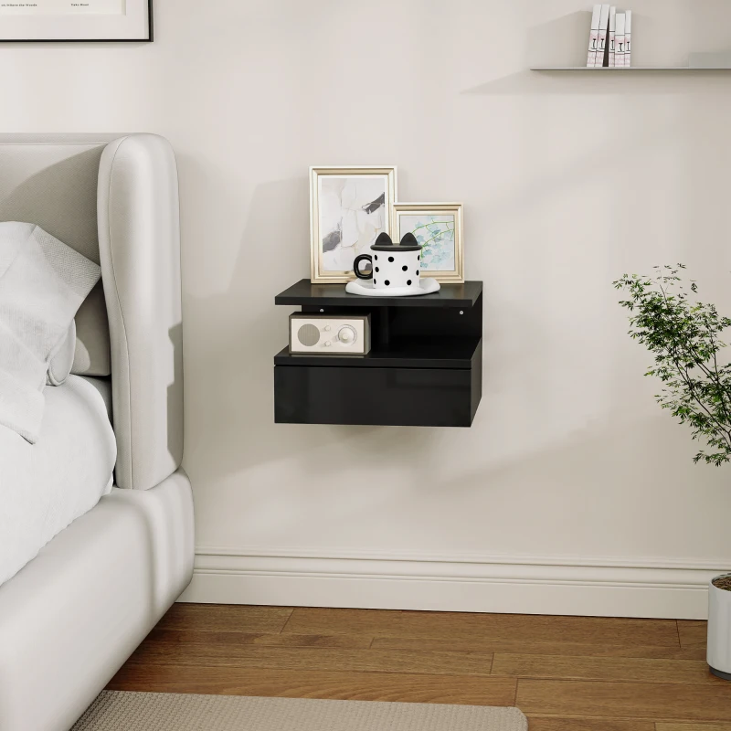 HOMCOM Comodino Sospeso per Camera da Letto con Cassetto e Ripiano Aperto in Legno, 35x32x22.5 cm, Nero Lucido