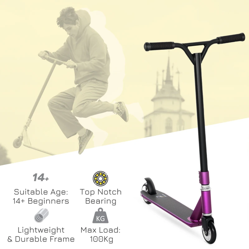 HOMCOM Stunt Scooter, 360° Entry Level Tricks Scooter w/ Lightweight Aluminium Deck and ABEC 7 Bearing, For Age 14+ Beginners, Purple
