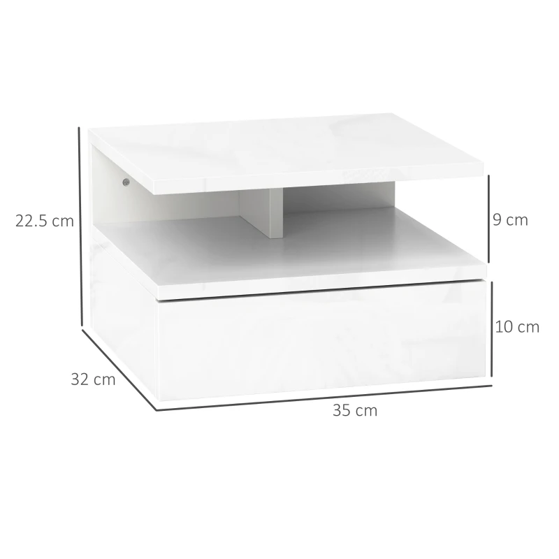 HOMCOM Comodino Sospeso per Camera da Letto con Cassetto e Ripiano Aperto in Legno, 35x32x22.5 cm, Bianco