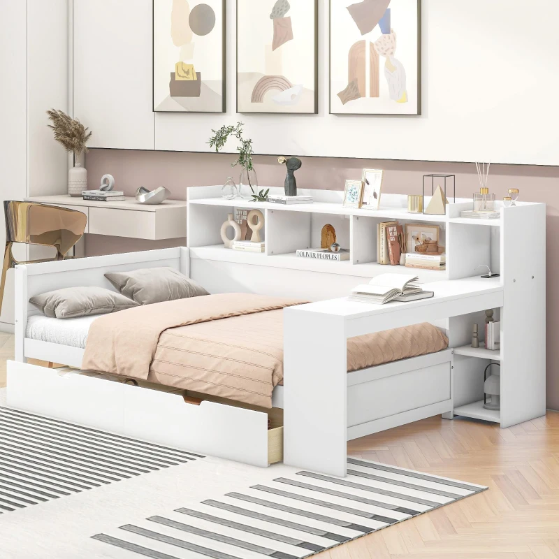 Canapé-lit multifonctionnel 90x200 cm,avec 2 tiroirs et bureau intégré,sans matelas, Blanc(m-5)