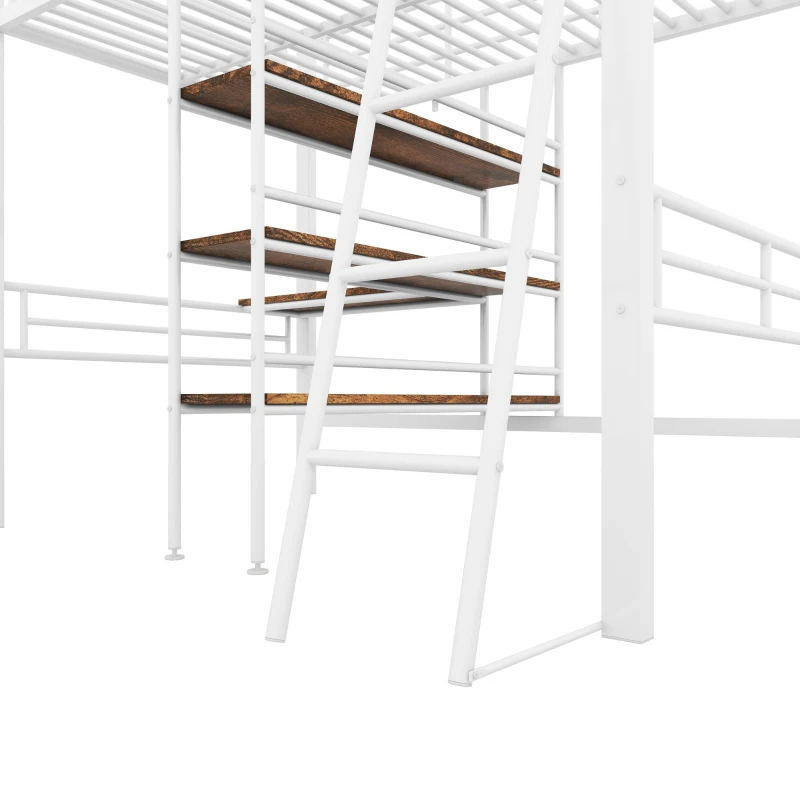 Struttura Letto a Soppalco con Scrivania, Mensola, Corrimano e Scaletta in Metallo, senza Materasso, 204x134x174 cm, Bianco