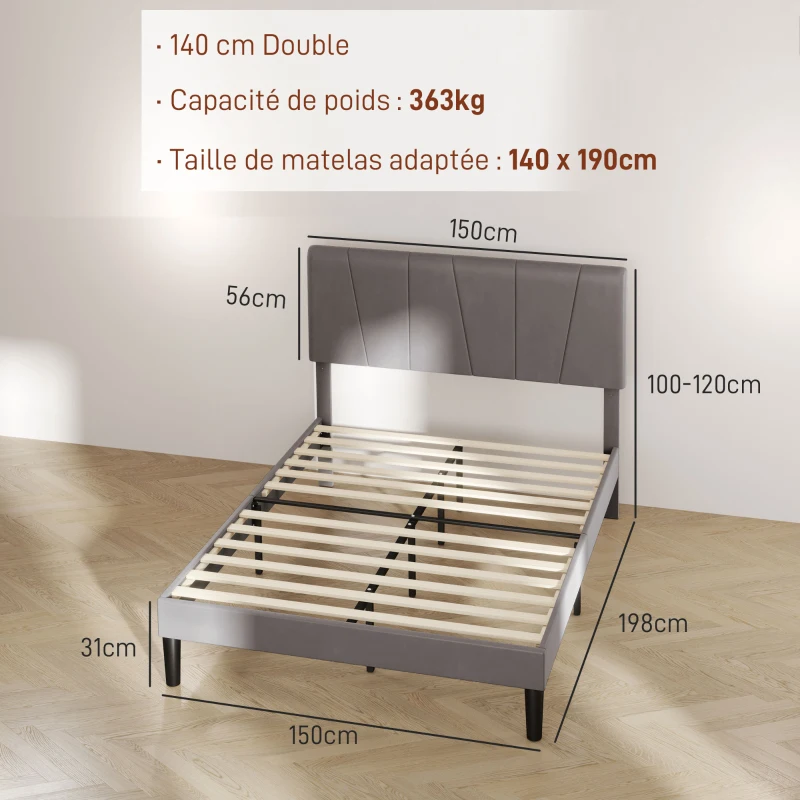 HOMCOM Cadre de lit double 140 x 190 cm lit 2 personnes tête de lit réglable sommier 150 x 198 x 100/105/110/115/120 cm gris