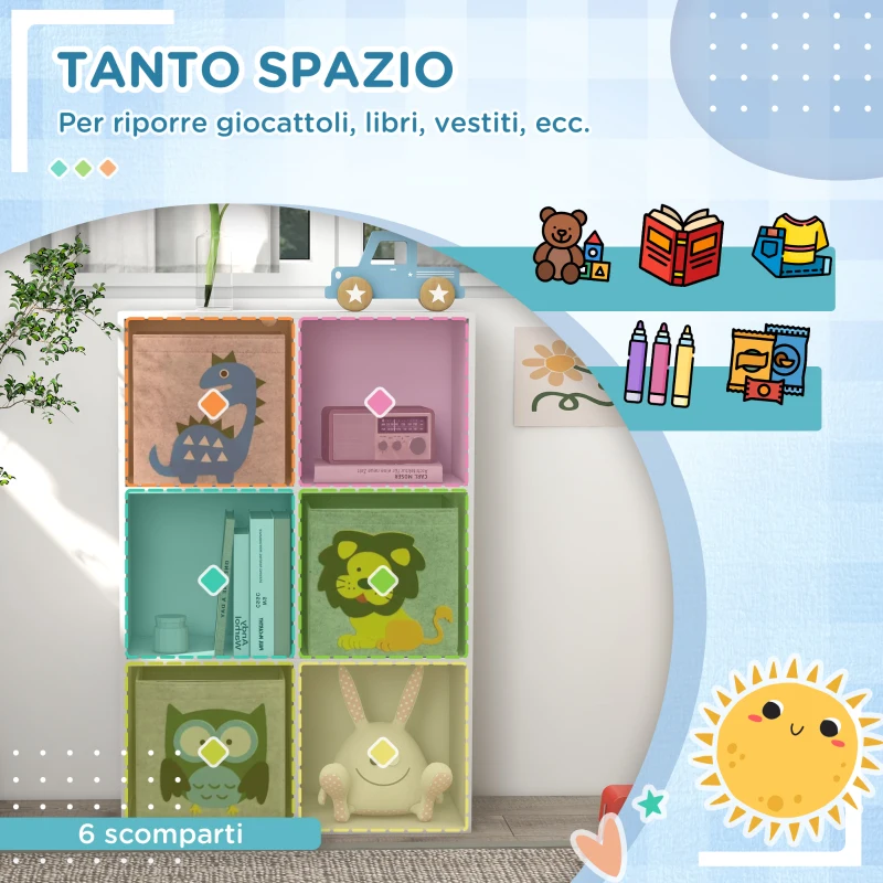 ZONEKIZ Meuble étagère bibliothèque 6 cases 3 cubes paniers en tissu motif animaux pour chambre enfant 62 x 30 x 91,5 cm blanc