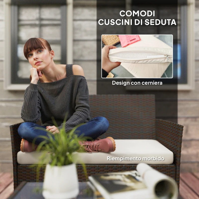 Outsunny Set da Giardino 4 Pezzi con Divano 2 Posti, 2 Sedie e Tavolino Basso, in Rattan e Acciaio, Beige e Marrone