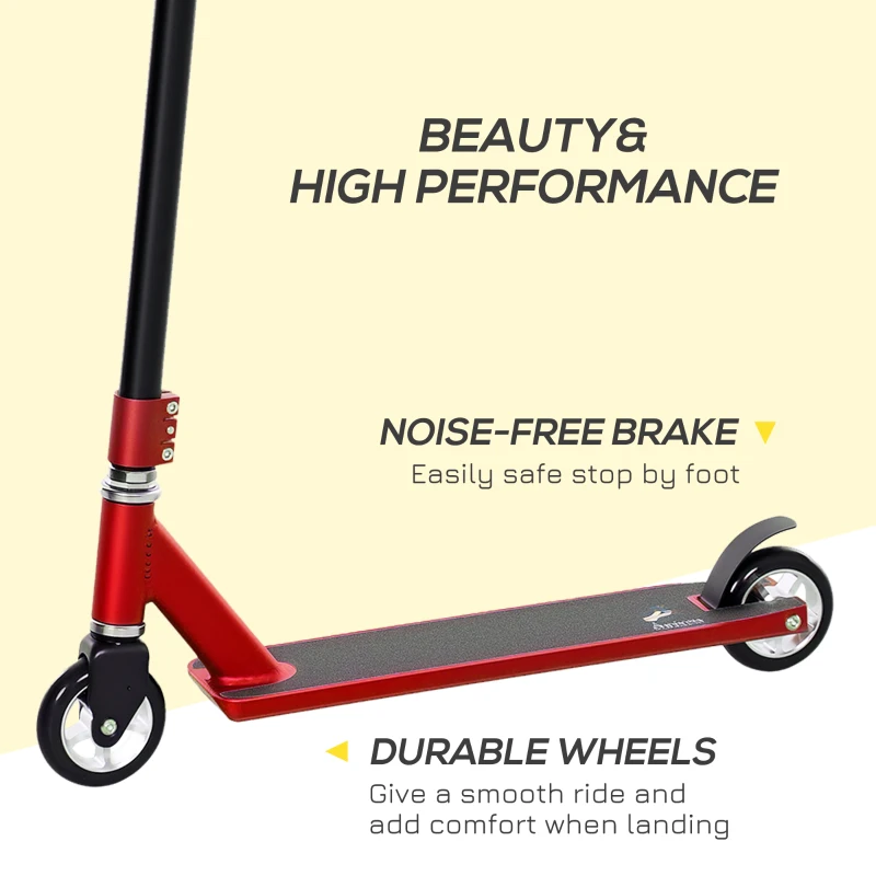 HOMCOM Stunt Scooter, 360° Entry Level Tricks Scooter w/ Lightweight Aluminium Deck and ABEC 7 Bearing, For Age 14+ Beginners, Red