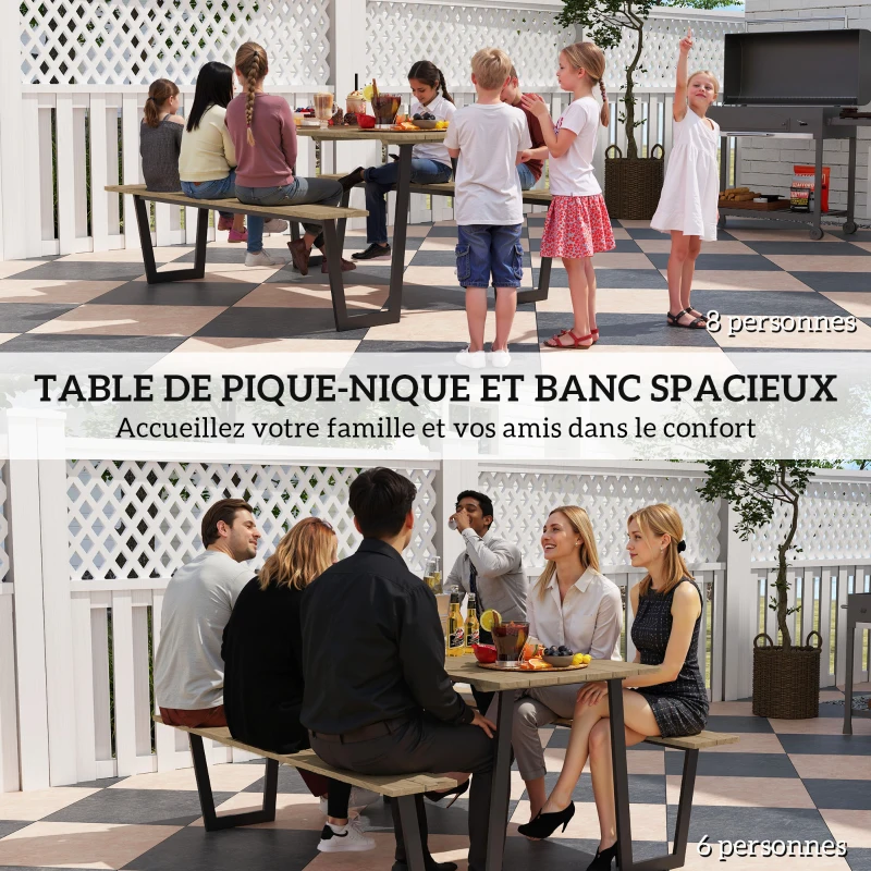Outsunny Ensemble table et bancs en bois de brasserie, table de pique-nique en bois avec banc, 175 cm, trou pour parasol, marron