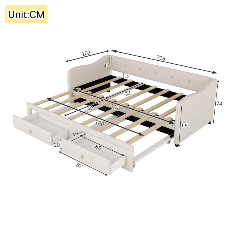 Lit de jour 90x200 cm,avec lit gigogne et 2 tiroirs, sans matelas, Beige(m-3)