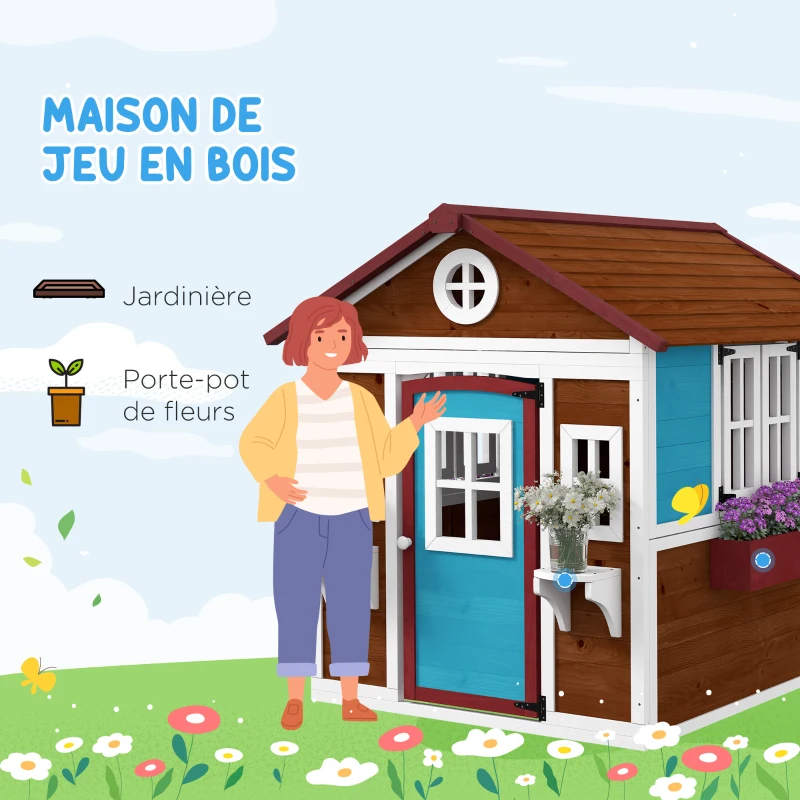 Outsunny Cabane enfant extérieur maison enfant extérieure avec porte fenêtres et jardinières 114 x 126,4 x 135 cm Marron