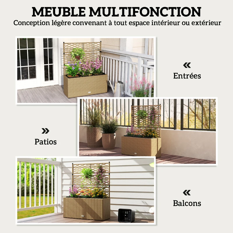 Outsunny Jardinière pour plantes avec treillis 3 pots bacs à plante 33L extérieur en résine tressée 84 x 30 x 107 cm sable noir