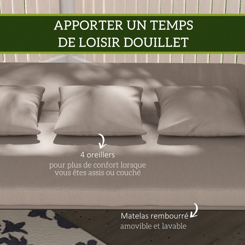 Outsunny Balancelle de jardin 3 places convertible toit inclinaison réglable coussin, oreillers 218 x 120 x 168 cm marron clair
