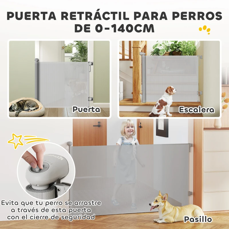 PawHut Barrera para Perros Retráctil 0-140 cm Barrera de Seguridad con Interruptor de Cierr para Puertas y Escaleras Gris