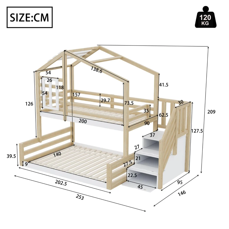Lit superposé en bois avec design de fenêtre 90×200 cm, avec escalier avec rangement,sans matelas, Naturel