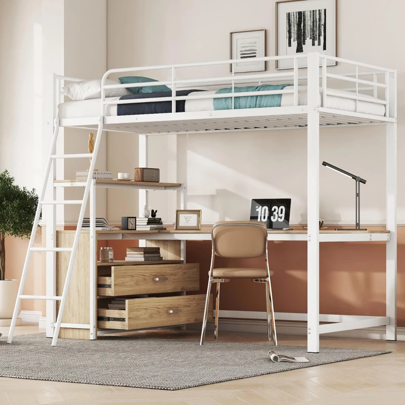 Letto a soppalco con struttura in ferro 90×200 cm, con scrivania a forma di L e cassetti, senza materasso, Bianco