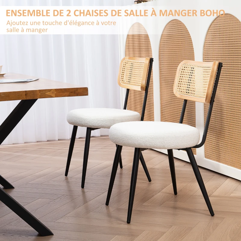 HOMCOM Lot de 2 chaises salle à manger bohème avec dossier en rotin, pour salon, salle à manger, chambre à coucher, blanc