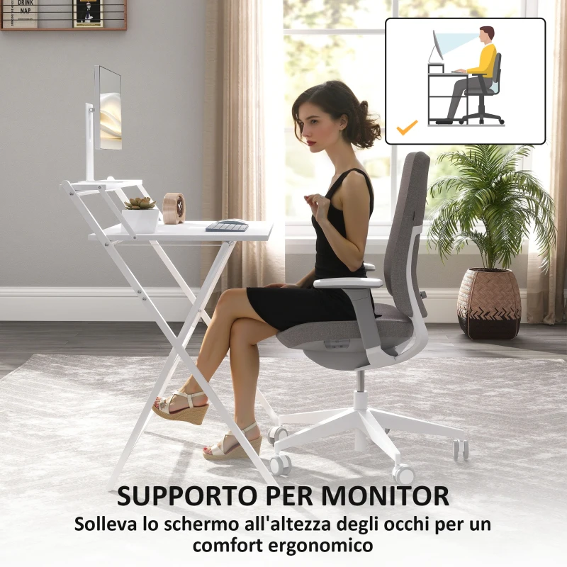 HOMCOM Scrivania Pieghevole con Ripiano per Monitor, 81.5x62x86.5 cm, Bianco
