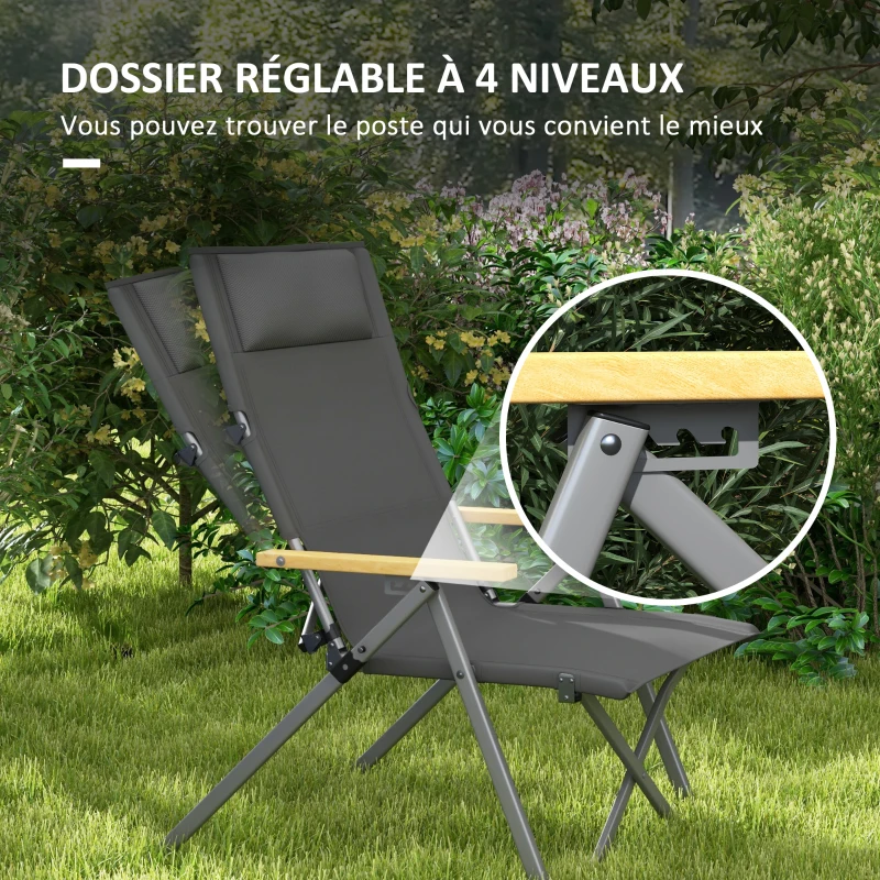 Outsunny Chaise de camping chaise de pêche pliante et portable, dossier ajustable, appui-tête rembourré, 74 x 59,5 x 98 cm, gris foncé