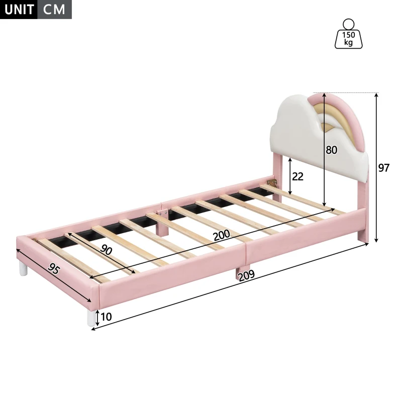 Letto imbottito a forma di arcobaleno con motivo a nuvole 90x200 cm, senza materasso, Rosa