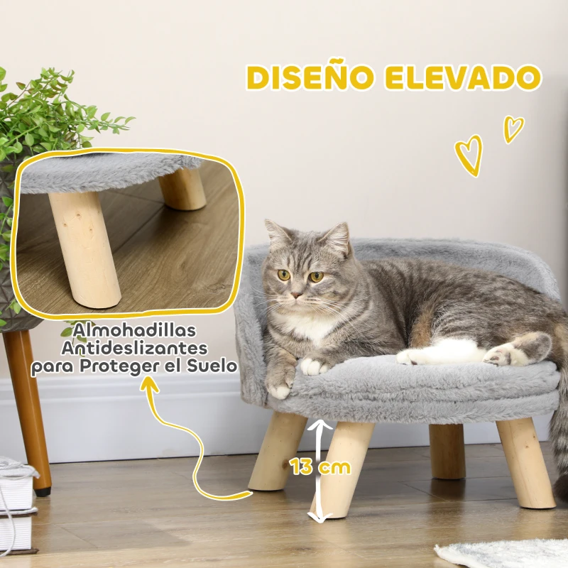 PawHut Cama para Perros Miniaturas con Cojín Lavable y Marco de Madera y Alfombrillas Antideslizantes Ø40,5x33 cm Gris