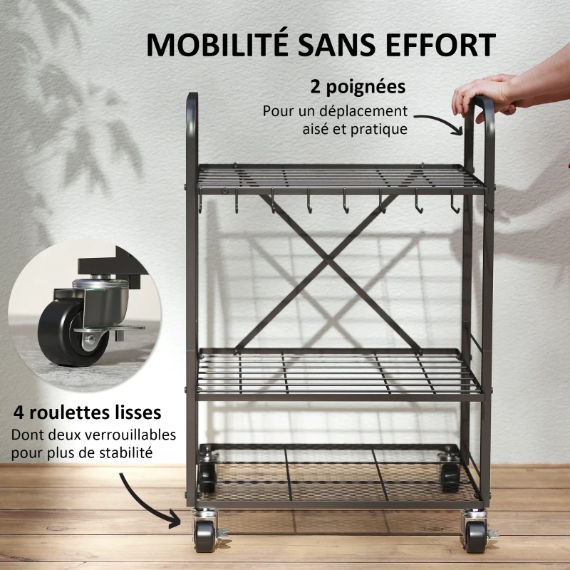 Outsunny Organisateur d'outils de jardin, support à outils de jardin 40 compartiments à 2 niveaux avec roues 57 x 48 x 70 cm noir