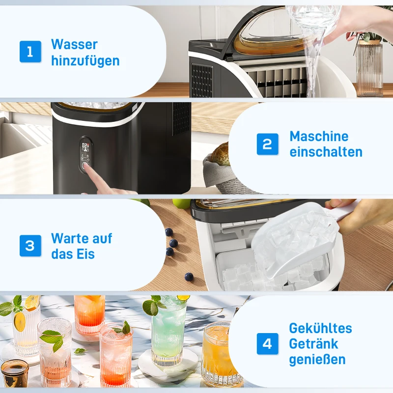 HOMCOM Eiswürfelmaschine, leiser Betrieb, kompaktes Design, mit Eiskorb, Schaufel, Schwarz
