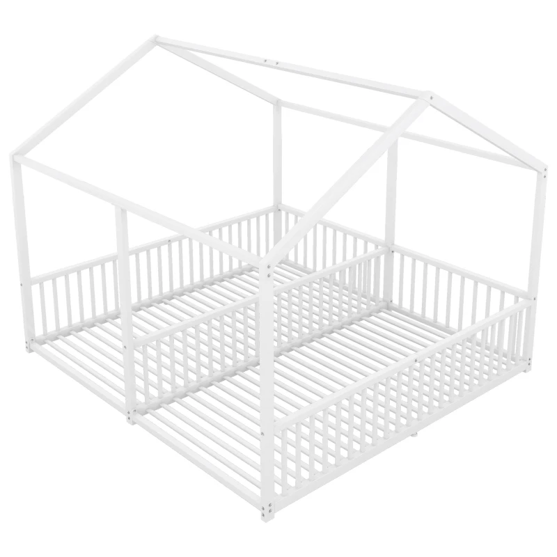 Letto per bambini 4+ anni in metallo 90×200 cm, forma di casa, con sponda di sicurezza, senza materasso, Bianco