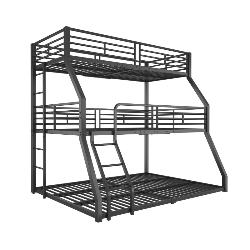 Lit triple superposé 90×200 cm, avec garde-corps et échelle, sans matelas, Noir