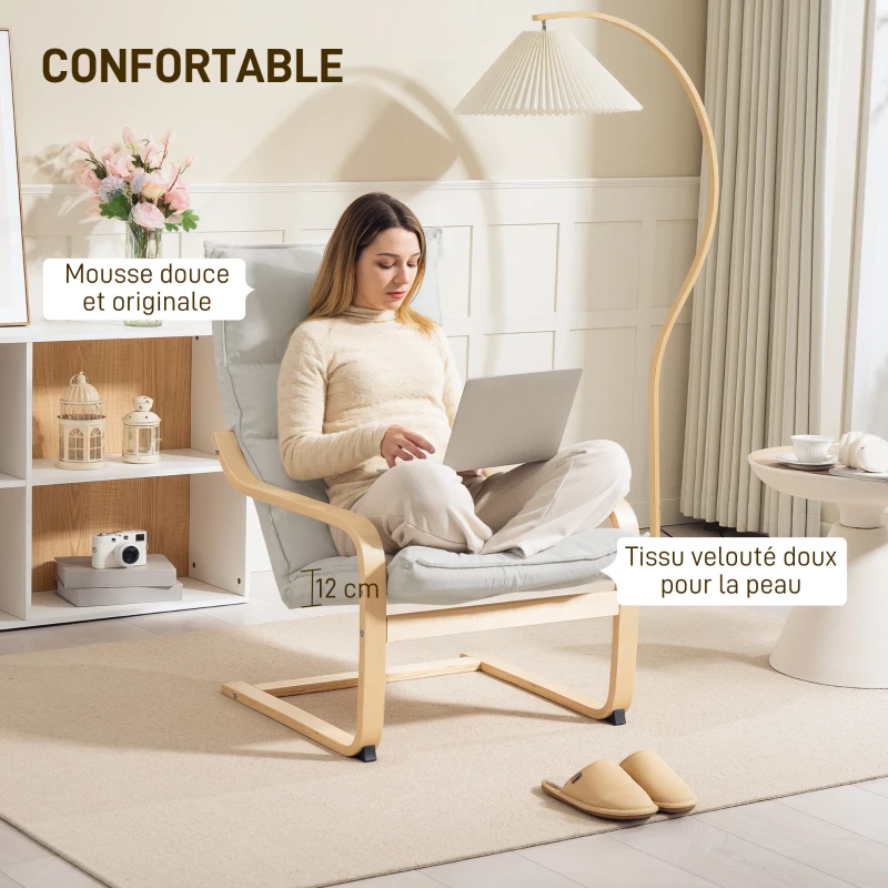 HOMCOM Fauteuil salon fauteuil de loisirs moderne fauteuil chambre avec accoudoirs incurvés, coussins, 67 x 83 x 105 cm, crème