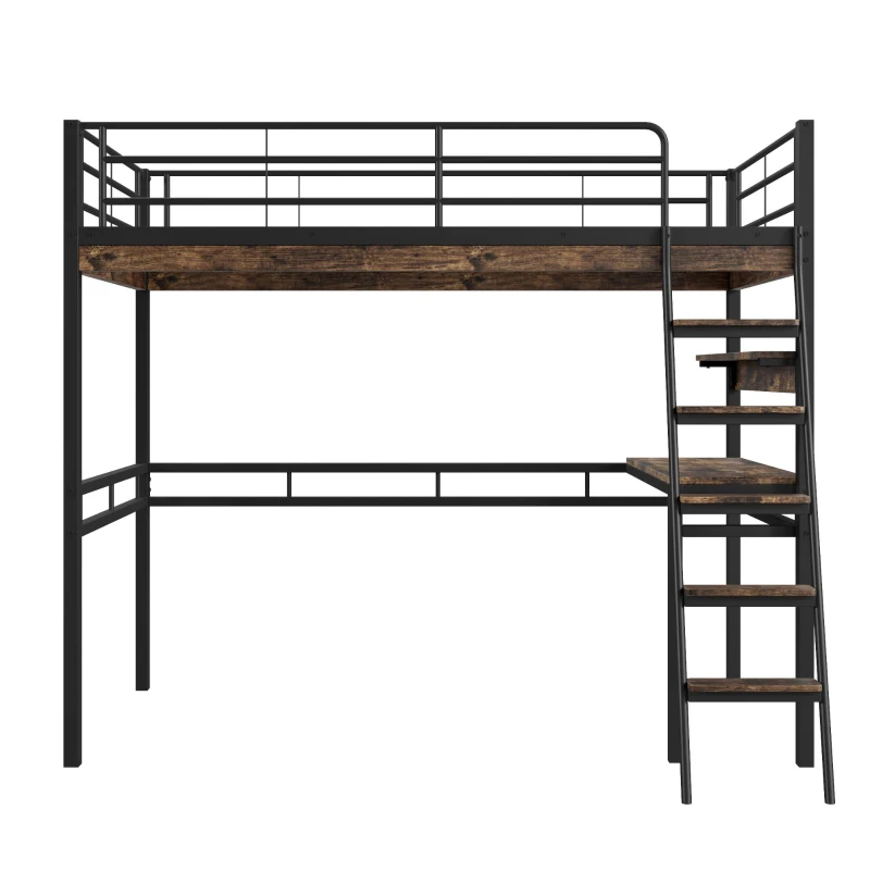 Letto a soppalco 90×200 cm, con scrivania e scaffali, senza materasso, Nero