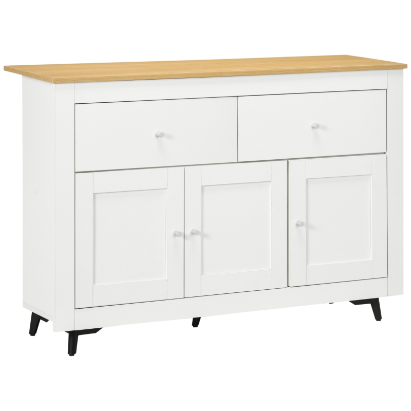 HOMCOM Buffet cuisine avec 2 tiroirs 3 portes et étagère réglable, pour cuisine, salle à manger, salon, 117 x 35 x 80 cm, blanc