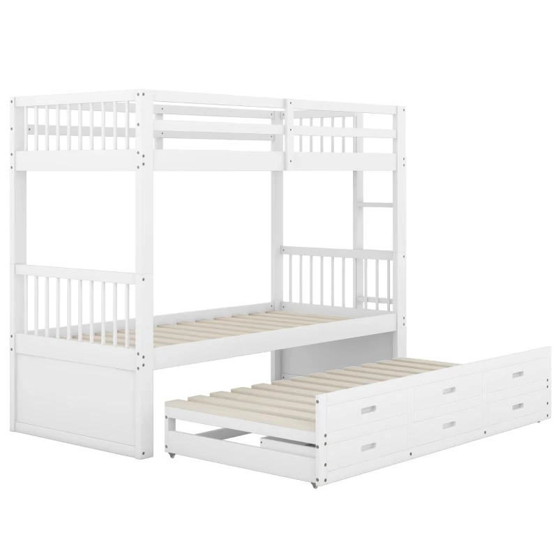 Lit superposé 90x200 cm pour enfants, lit cabane avec échelle, lit gigogne et 3 tiroirs,sans matelas, Blanc