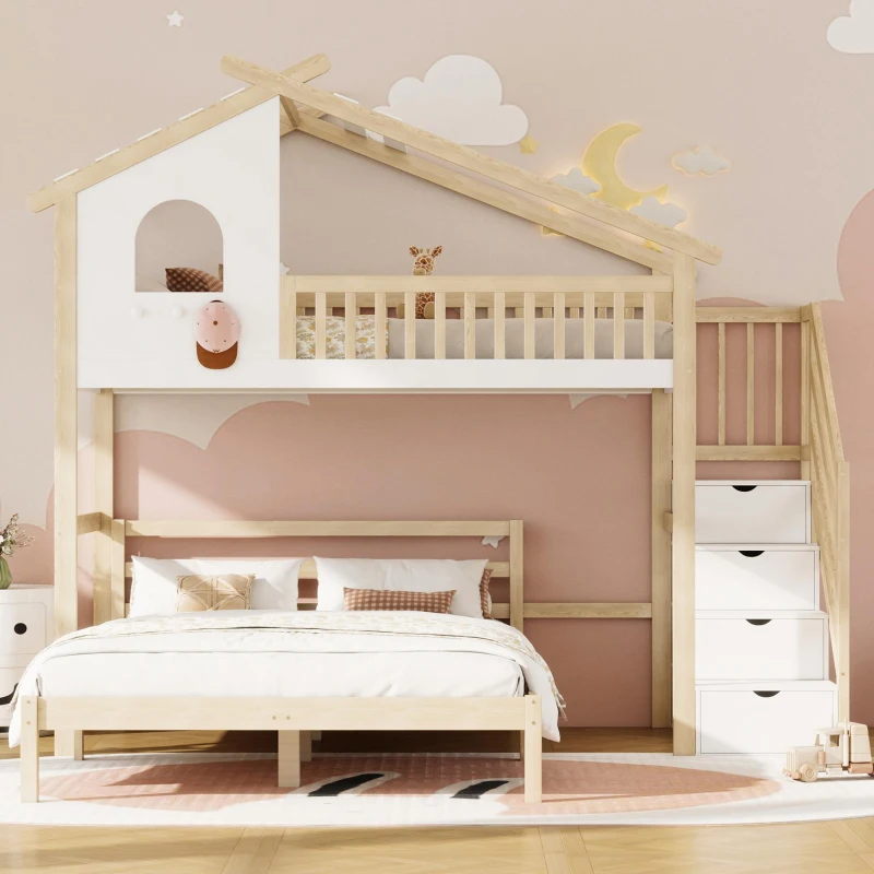 Lit mezzanine 90×200 cm,avec échelle de rangement pour d'enfant,sans matelas, Naturel+Blanc(m-4)