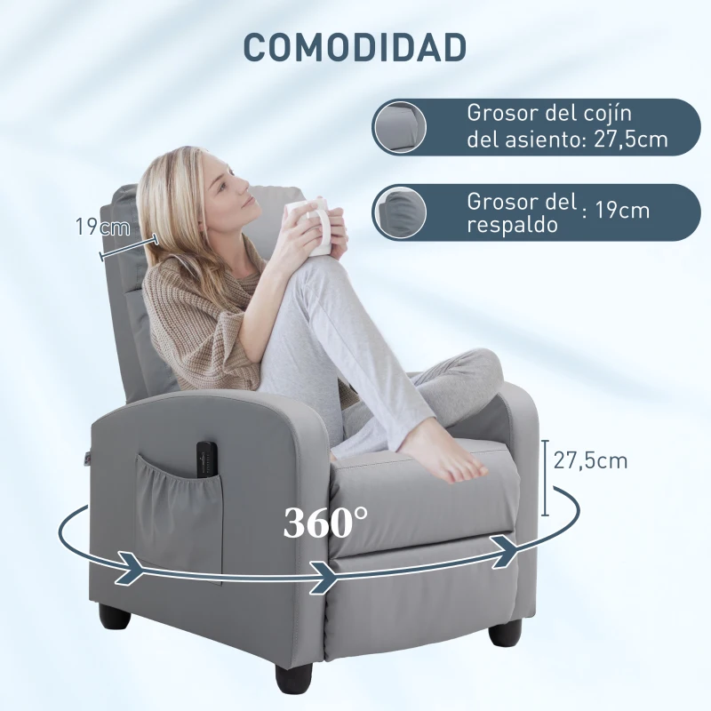 HOMCOM Sillón de Masaje Reclinable con Mando a Distancia Bolsillo Lateral y Temporizador Tapizado en PU 68x88x98 cm Gris Claro