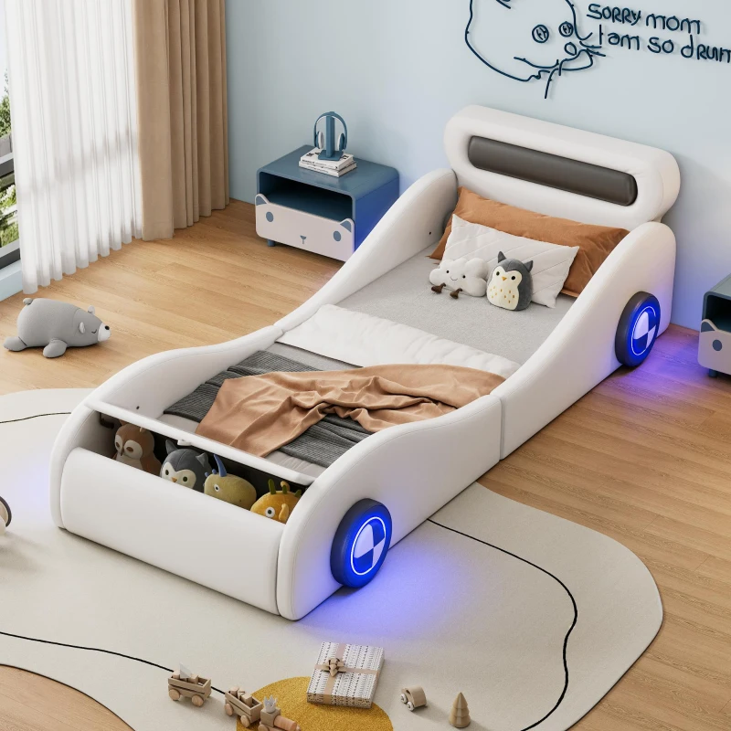 Lit rembourré design voiture 90x200 cm, lit pour enfants avec roues lumineuses et espace de rangement, sans matelas, Blanc
