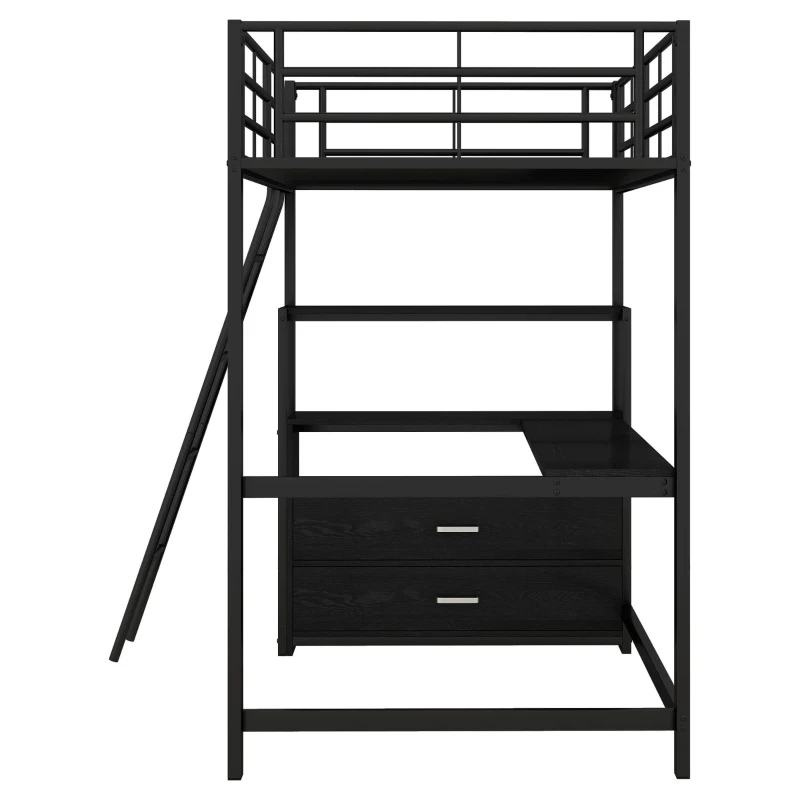 Letto a soppalco con struttura in ferro 90×200 cm, con scrivania a forma di L e cassetti, senza materasso, Nero