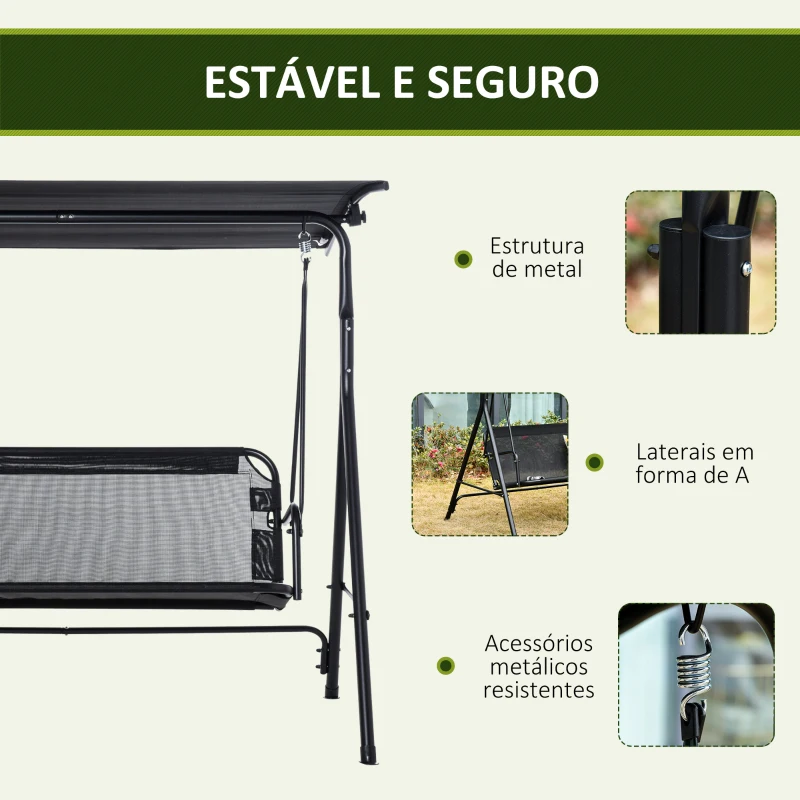 Outsunny Baloiço de Jardim de 2 Lugares Baloiço com Teto Ajustável em Ângulo para Terraço Balcão Carga Máxima 200kg Aço 172x110x155cm Preto