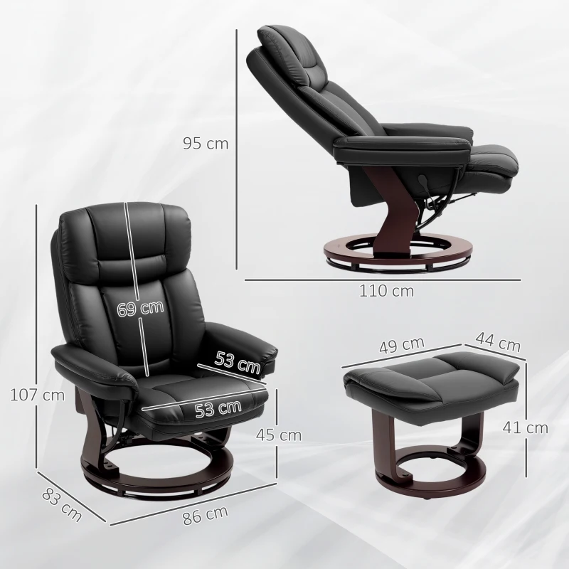 HOMCOM Relaxsessel mit Fußhocker, Verstellbarer Sessel, Kunstleder-Bezug, Polstersessel mit klappbarer Rückenlehne, Schwarz(m-3)