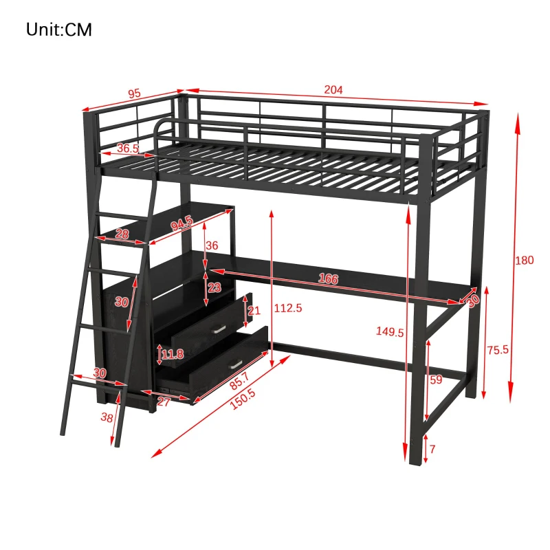 Letto a soppalco con struttura in ferro 90×200 cm, con scrivania a forma di L e cassetti, senza materasso, Nero