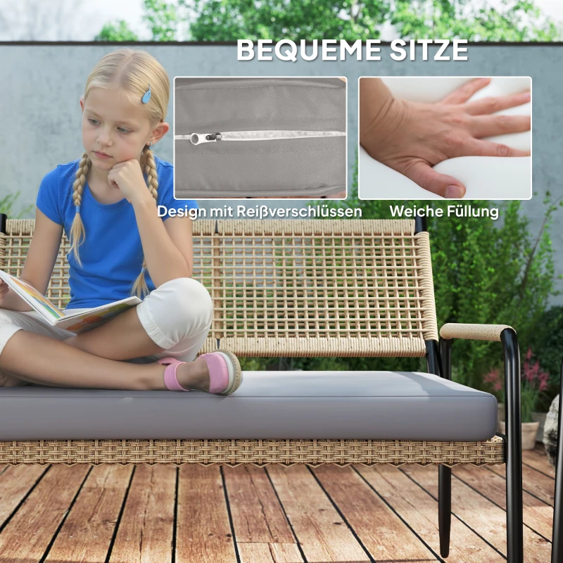 Outsunny Gartenmöbel Set aus Polyrattan Lounge-Set mit 2er Sofa Sessel Glastisch Kissen für 4 Personen Dunkelgrau+Gelb