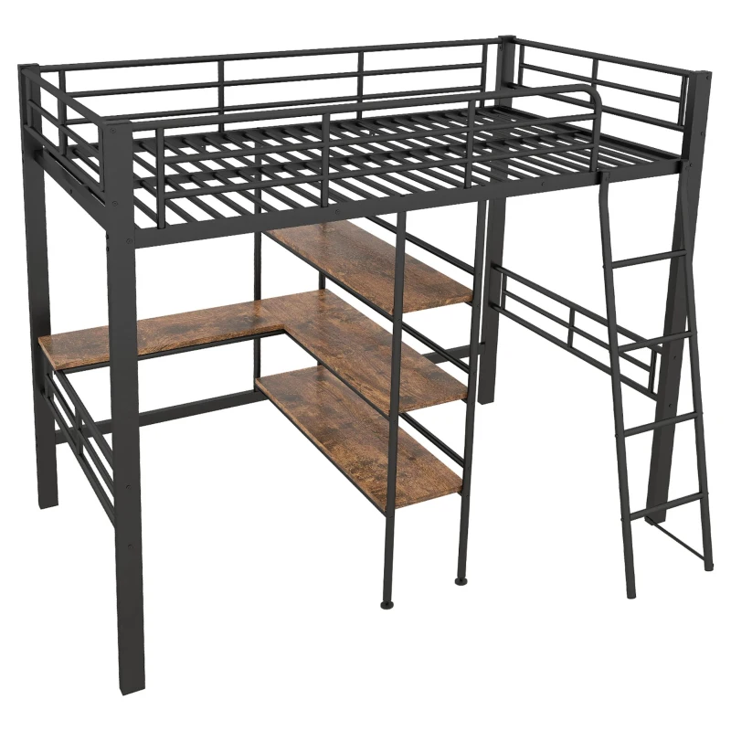 Lit mezzanine avec bureau, étagères, garde-corps et échelle en métal, 90×200 cm, sans matelas, Noir