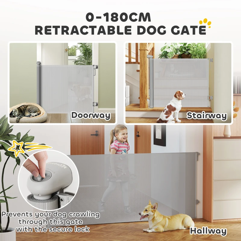 PawHut Retractable Stair Gate Extends Up to 180 cm Wide, Dog Gate for Doorways, Stairways, Hallways, Grey