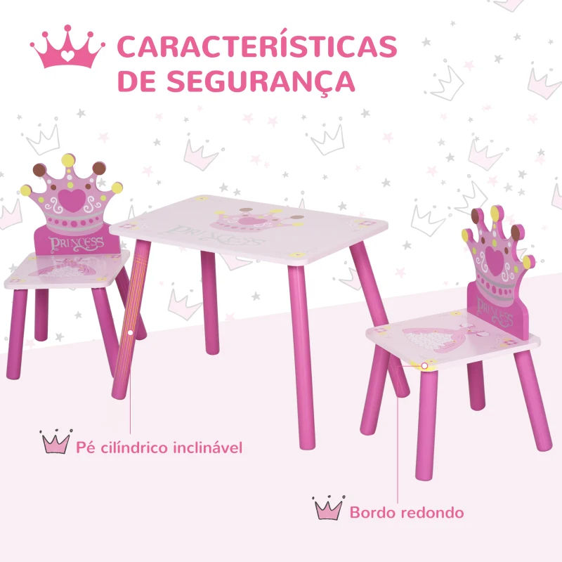 HOMCOM Conjunto de Mesa e 2 Cadeiras Infantis de madeira para crianças acima de 2 anos Set de Mesa 55x34x42cm e Cadeiras 28x26x50cm Rosa