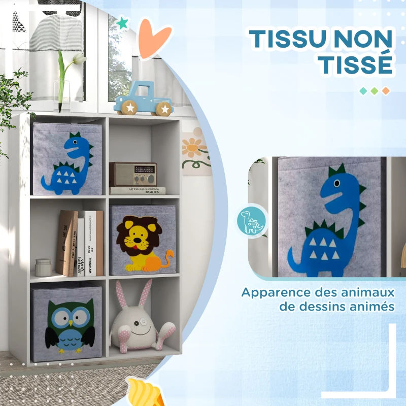 ZONEKIZ Meuble étagère bibliothèque 6 cases 3 cubes paniers en tissu motif animaux pour chambre enfant 62 x 30 x 91,5 cm blanc