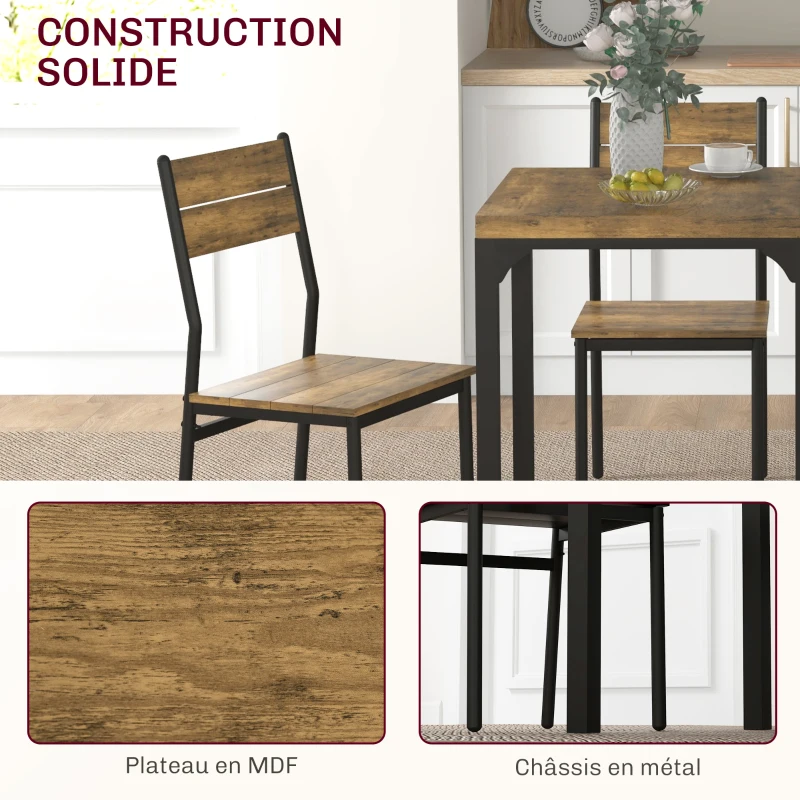 HOMCOM Ensemble table à manger avec 2 chaises encastrables, pour cuisine salon maison, rustique