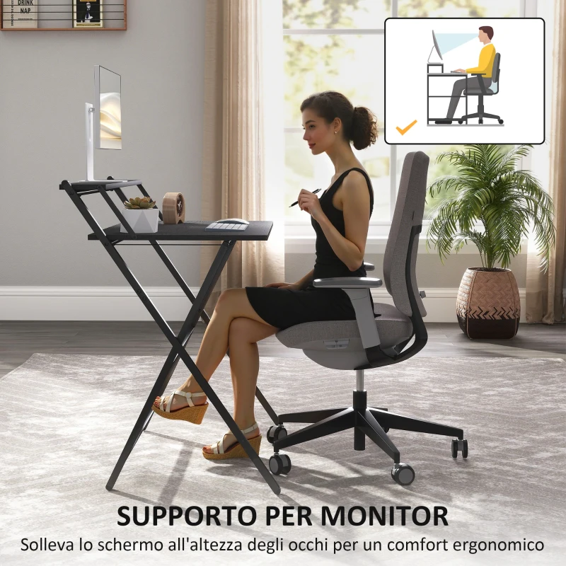 HOMCOM Scrivania Pieghevole con Ripiano per Monitor, 81.5x62x86.5 cm, Nero