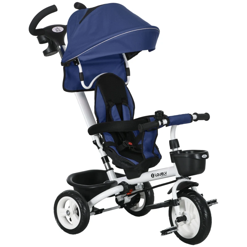 HOMCOM Tricycle 6 en 1 pour enfants, poignée de poussée, siège réversible, panier, auvent, ceinture de sécurité, 1-5 ans, bleu