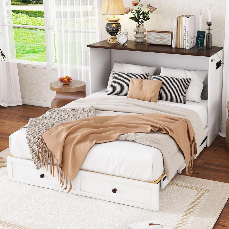 Lit escamotable 140x200 cm, lit plateforme mobile avec tiroirs et étagère, convertible et gain de place, sans matelas, Blanc