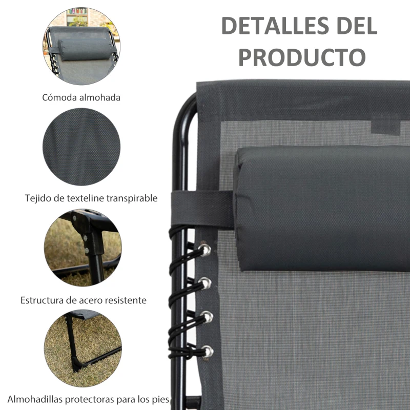 Outsunny Conjunto de 2 Tumbonas Plegables con Respaldo Ajustable Reposacabezas y Estructura de Acero 185x58x30 cm Gris