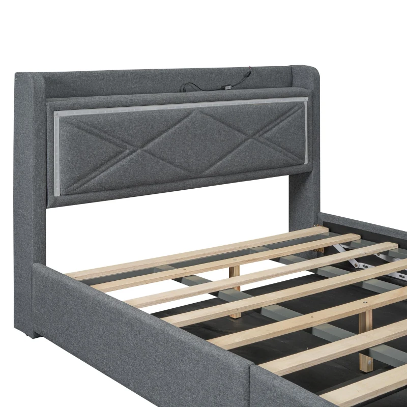 Lit plat 140×200 cm avec dispositif de levage hydraulique，grand espace de rangement, sans matelas, Gris