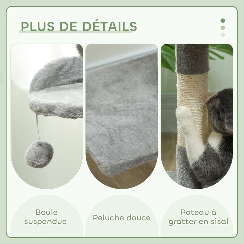 PawHut Arbre à chats multi-équipements griffoirs grattoirs plateformes niche corde jouets 40 x 40 x 114 cm gris